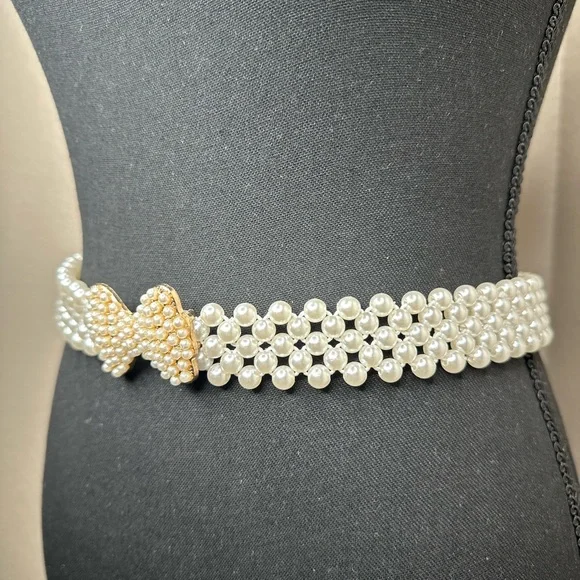 Women's Elastic Golden Pearl Bow Belt - Picture 5 of 7